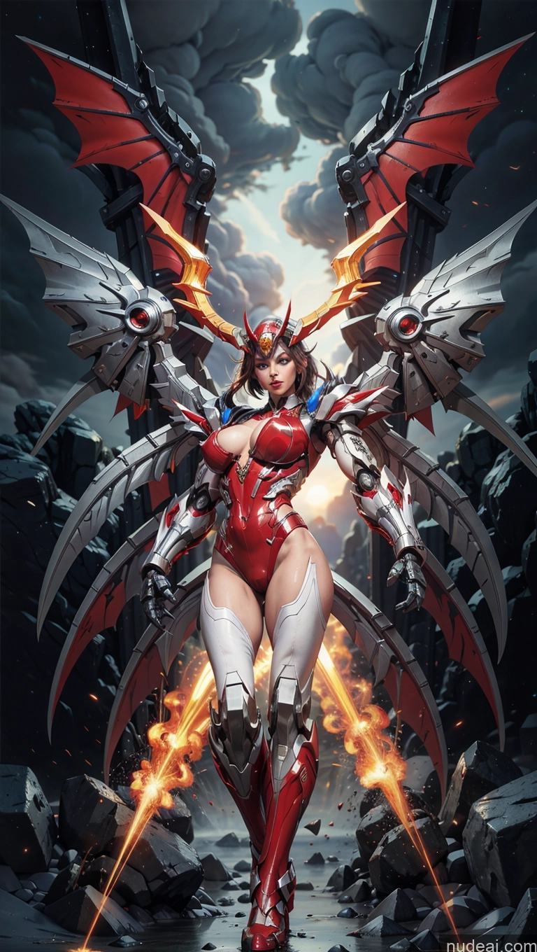 ai nude image of anime character with wings and a body of red and white pics of Bodybuilder Perfect Boobs Muscular Abs Science Fiction Style Vampire SuperMecha: A-Mecha Musume A素体机娘 Has Wings Powering Up