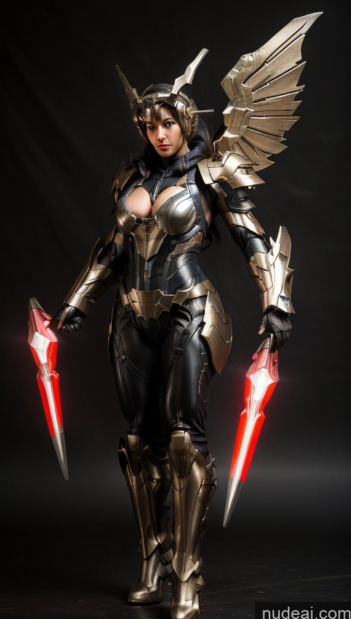 ai nude image of arafed woman in armor with sword and wings on a black background pics of Bodybuilder Perfect Boobs Muscular Abs Science Fiction Style Vampire Has Wings Powering Up Mech Suit SSS: A-Mecha Musume A素体机娘 Sci-fi Armor