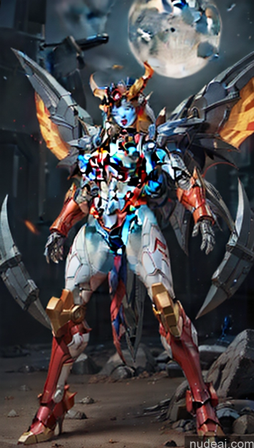 ai nude image of arafed robot with wings and a full body armor standing in front of a full moon pics of Bodybuilder Perfect Boobs Muscular Abs Science Fiction Style Vampire Has Wings Powering Up SuperMecha: A-Mecha Musume A素体机娘 Mech Suit Dynamic View Heat Vision