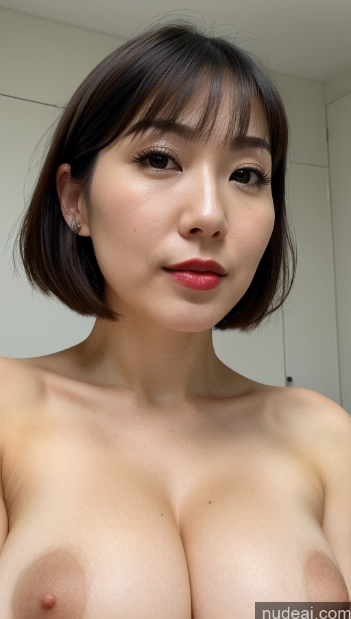 ai nude image of arafed asian woman with a very big breast posing for a picture pics of Woman One Huge Boobs Beautiful Lipstick Fairer Skin 30s Black Hair Close-up View Nude Detailed Simple Japanese Bobcut