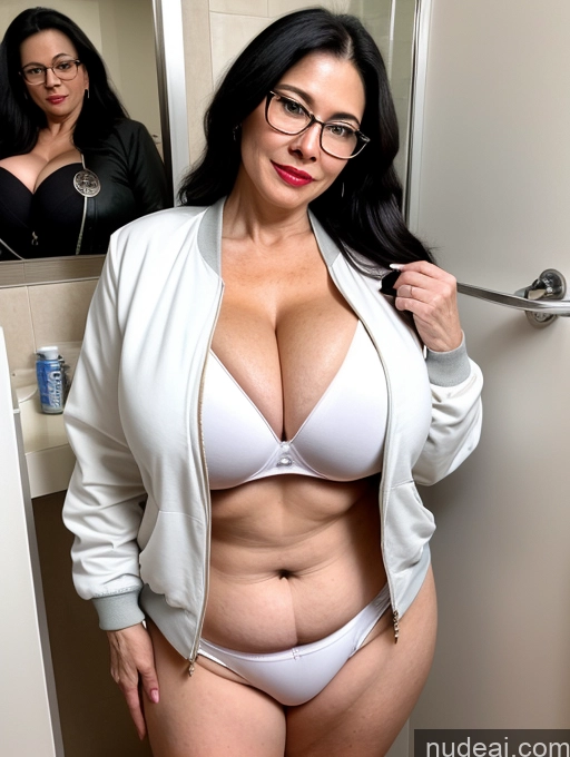 ai nude image of there is a woman in a white jacket and glasses posing in a bathroom pics of Milf Beautiful Big Ass Fairer Skin Black Hair Lipstick Glasses Huge Boobs Bathroom Cleavage Long Hair Asian 50s Bomber