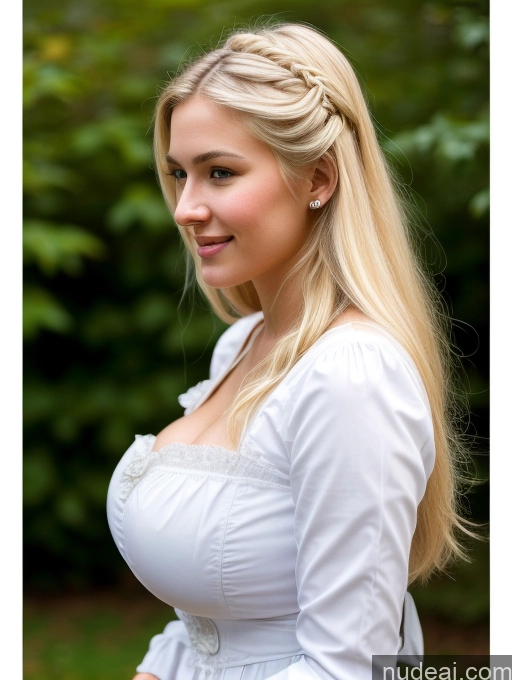 ai nude image of blonde woman with a white dress and a braid in her hair pics of Scandinavian Huge Boobs Beautiful Perfect Body 18 Blonde Happy Sexy Face Victorian Traditional Cleavage Shocked Laughing Side View