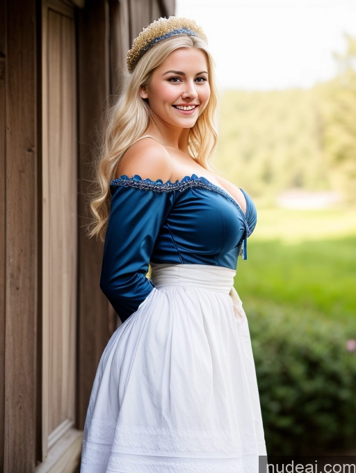 ai nude image of blonde woman in blue dress posing for a picture in front of a wooden building pics of Scandinavian Huge Boobs Beautiful Perfect Body 18 Blonde Happy Sexy Face Victorian Traditional Cleavage Shocked Laughing Side View