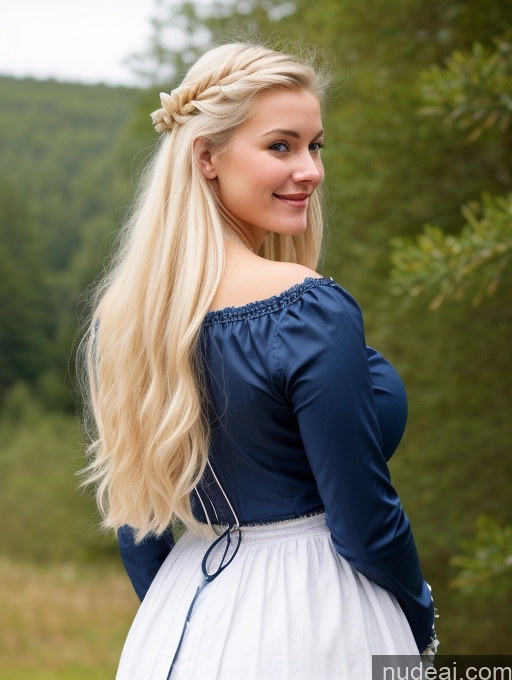 ai nude image of blonde woman in blue and white dress standing in a field pics of Scandinavian Huge Boobs Beautiful Perfect Body 18 Blonde Happy Sexy Face Victorian Traditional Cleavage Shocked Laughing Back View