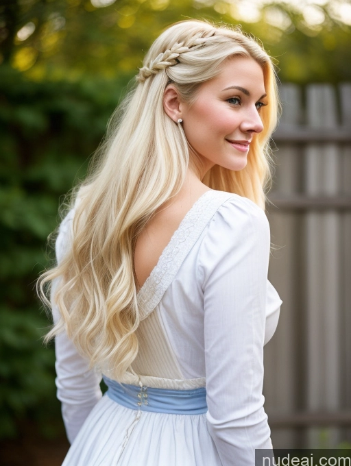 ai nude image of blonde woman with long hair in a white dress and braid pics of Scandinavian Huge Boobs Beautiful Perfect Body 18 Blonde Happy Sexy Face Victorian Traditional Cleavage Shocked Laughing Back View