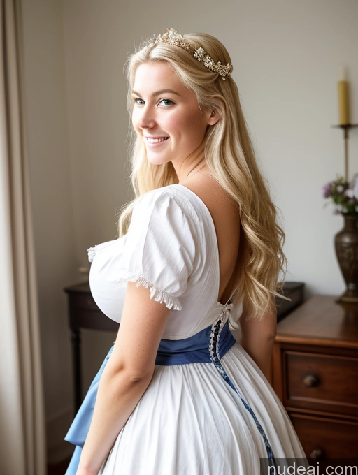 ai nude image of blonde woman in white dress with blue sash and flower crown pics of Scandinavian Huge Boobs Beautiful Perfect Body 18 Blonde Happy Sexy Face Victorian Traditional Cleavage Shocked Laughing Back View