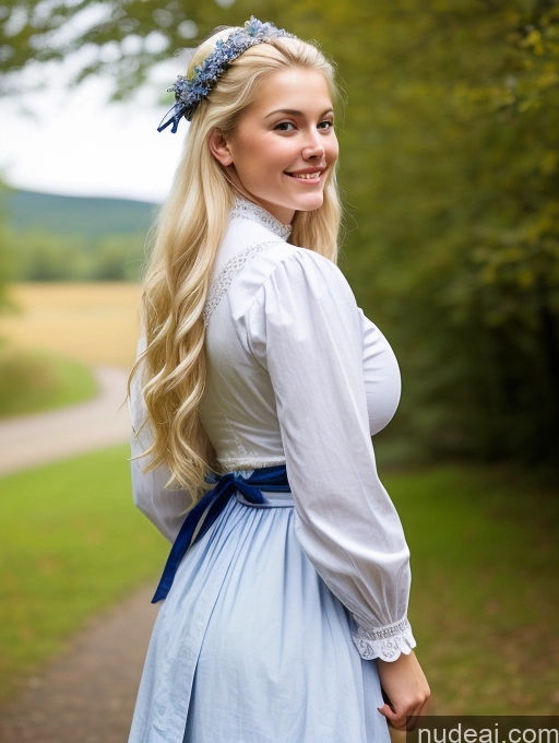 ai nude image of blonde woman in blue dress smiling in a park with trees pics of Scandinavian Huge Boobs Beautiful Perfect Body 18 Blonde Happy Sexy Face Victorian Traditional Cleavage Shocked Laughing Back View Plank