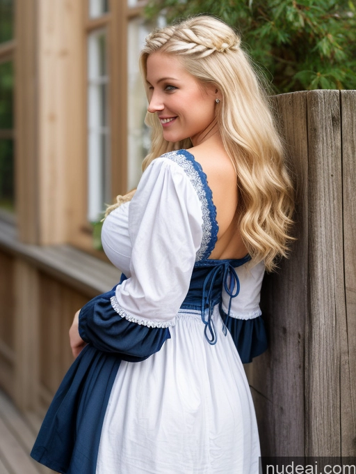 ai nude image of blonde woman in white dress leaning against wooden fence with blue trim pics of Scandinavian Huge Boobs Beautiful Perfect Body 18 Blonde Happy Sexy Face Victorian Traditional Cleavage Shocked Laughing Back View Plank