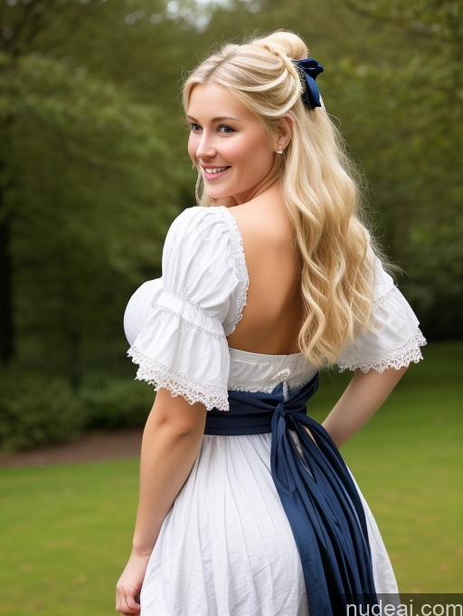 ai nude image of blonde woman in white dress with blue sash and blue bow pics of Scandinavian Huge Boobs Beautiful Perfect Body 18 Blonde Happy Sexy Face Victorian Traditional Cleavage Shocked Laughing Back View Plank