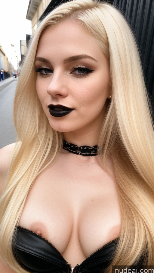 ai nude image of blond woman with black lips and black lipstick posing for a picture pics of Model One Perfect Boobs Beautiful Long Hair Fairer Skin 18 Blonde Russian Street Close-up View Goth Bra Pull Down