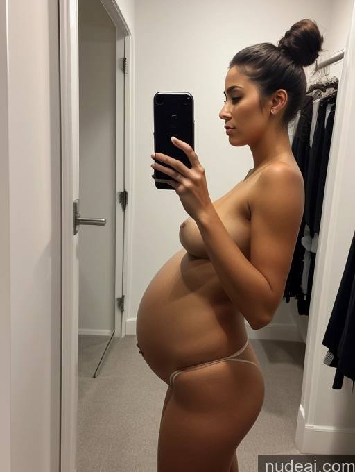 ai nude image of pregnant woman taking a selfie in a mirror in a bathroom pics of Perfect Boobs Big Hips Perfect Body Pubic Hair Pregnant Tanned Skin 18 Serious Black Hair Hair Bun Spanish Mirror Selfie Changing Room Side View Nude Detailed