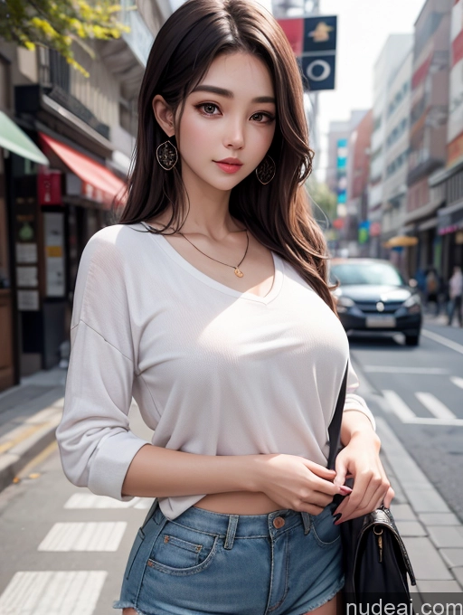 ai nude image of araffe asian woman in a white shirt and denim shorts posing for a picture pics of Korean Perfect Boobs Casual