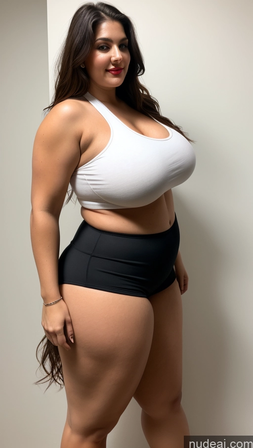 ai nude image of araffe woman in a white top and black shorts posing for a picture pics of Huge Boobs Lipstick Big Ass Abs Chubby Fairer Skin Indian Long Hair Tank Top Short Shorts