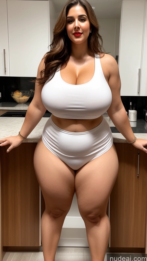 ai nude image of araffe woman in a white top and white panties posing for a picture pics of Huge Boobs Lipstick Big Ass Abs Chubby Fairer Skin Indian Long Hair Tank Top