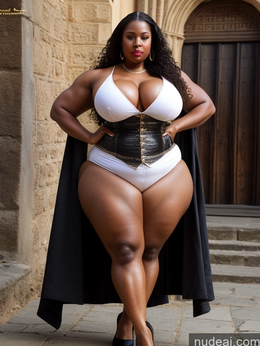 ai nude image of araffe woman in a white bodysuit and black cape posing for a picture pics of Huge Boobs Lipstick Muscular Big Ass Abs Fat Big Hips Long Hair Fairer Skin Medieval Chubby Black