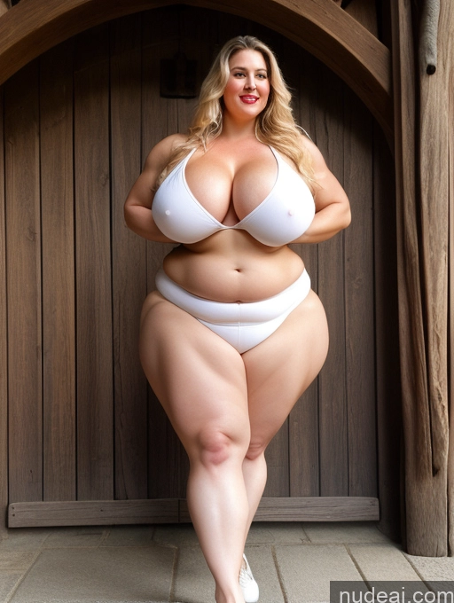 ai nude image of araffe woman in a white bikini posing for a picture pics of Huge Boobs Lipstick Muscular Big Ass Abs Fat Big Hips Long Hair Fairer Skin Medieval Chubby Dutch