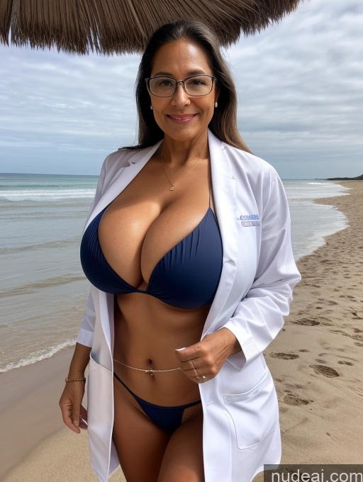 ai nude image of arafed woman in a white lab coat and blue bikini on the beach pics of One Busty Huge Boobs Tanned Skin Brazilian Front View Lab Coat Microkini Professor Thong 70s