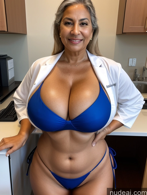 ai nude image of arafed woman in a blue bikini posing for a picture pics of One Busty Huge Boobs Tanned Skin Front View Microkini Thong 70s Lab Coat Professor Brazilian