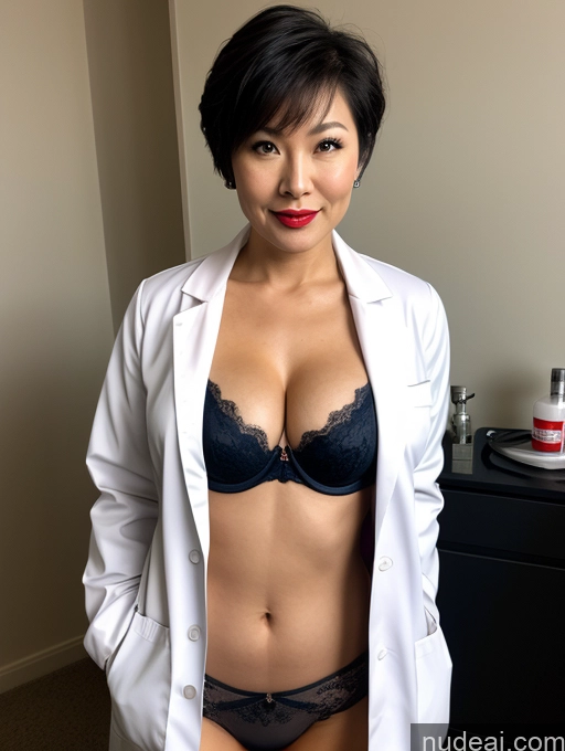 ai nude image of arafed woman in a lab coat and panties posing for a picture pics of Milf Perfect Boobs Lipstick Pixie Asian Bra Doctor Lab Coat Cleavage Partially Nude Dark Lighting