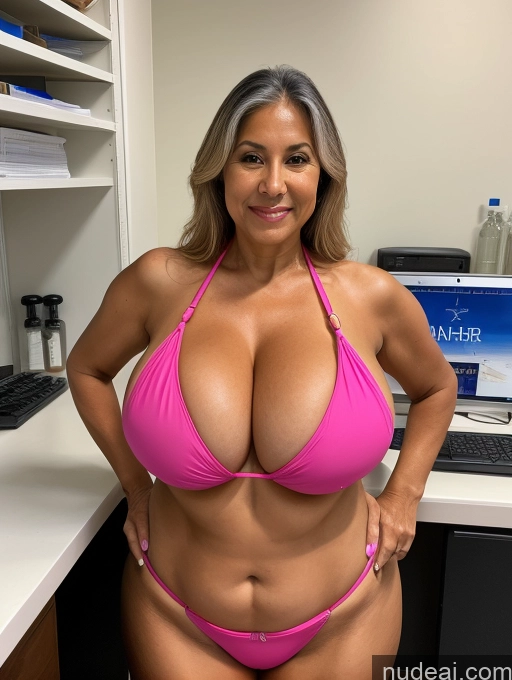 ai nude image of arafed woman in a pink bikini posing in front of a computer pics of One Busty Huge Boobs Tanned Skin Brazilian Front View Microkini Thong 70s Lab Coat Professor