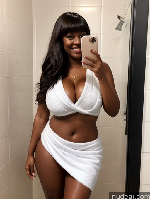 ai nude image of there is a woman taking a selfie in a bathroom mirror pics of Woman One Busty Perfect Boobs Beautiful Big Hips 20s Happy Brunette Bangs Dark Skin Bathroom Mini Skirt Towel Black Nude