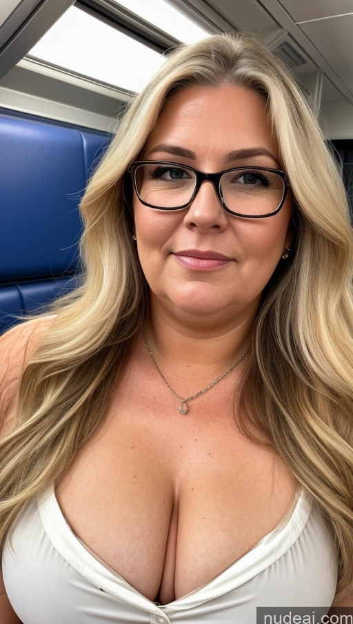 ai nude image of blonde woman with glasses and a white top on a train pics of Chubby 60s Blonde White Skin Detail (beta) Train Cumshot Blouse Detailed Woman Front View Thick Fat Long Hair Glasses