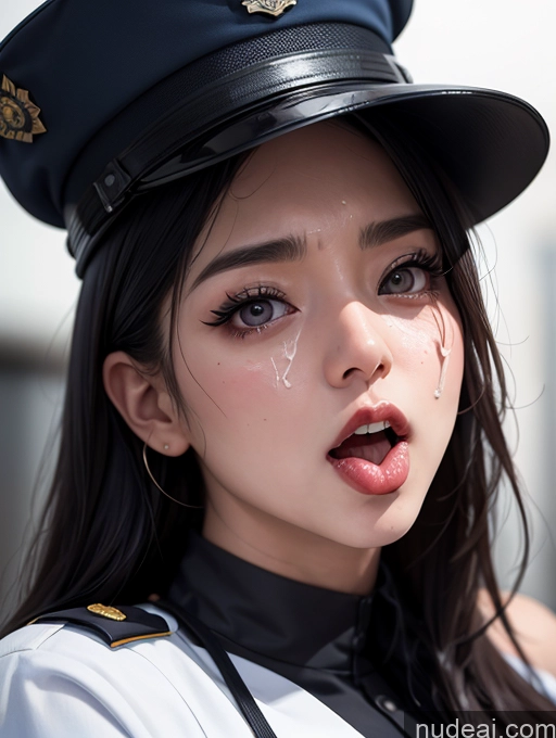 ai nude image of there is a woman in a uniform with a surprised look on her face pics of Korean Perfect Boobs Police Cumshot Ahegao