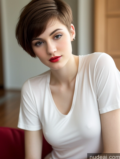 ai nude image of arafed woman with short hair and red lipstick sitting on a red couch pics of Woman One Small Tits Beautiful Skinny 18 Brunette Russian Close-up View Fairer Skin Shirt Lipstick Pixie