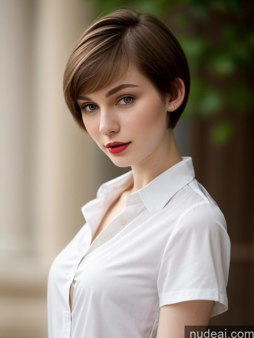 ai nude image of there is a woman with a short hair and a white shirt pics of Woman One Small Tits Beautiful Skinny 18 Brunette Russian Close-up View Fairer Skin Shirt Lipstick Short Hair