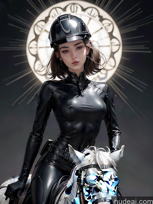 ai nude image of woman in black leather outfit riding a white horse with a clock in the background pics of Perfect Body Beautiful Busty Fairer Skin 18 Black Hair Straight Pubic Hair Korean Shocked Sad Street Dark Lighting Cyborg Equitation Surrealist Jewelry