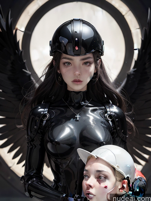 ai nude image of they are two women dressed in black and white with wings pics of Perfect Body Beautiful Busty Fairer Skin 18 Black Hair Straight Pubic Hair Korean Shocked Sad Street Dark Lighting Cyborg Equitation Surrealist Jewelry