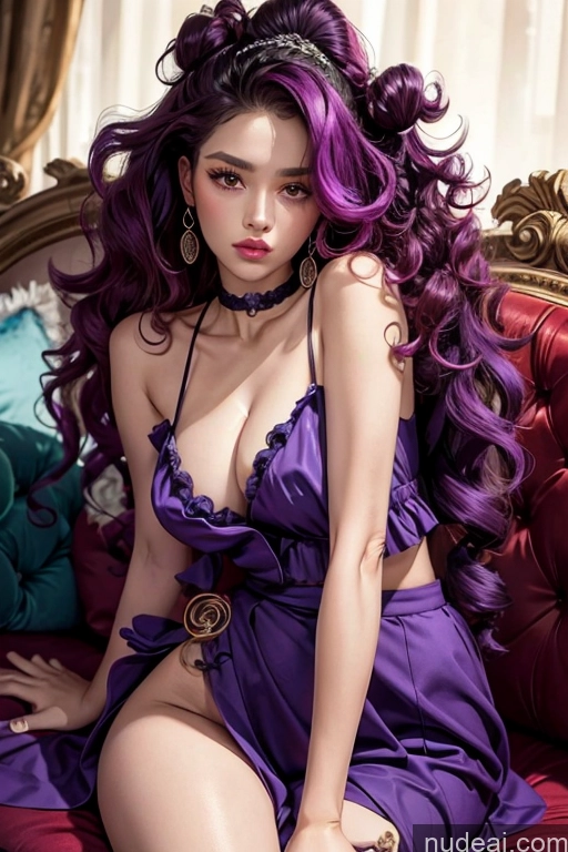 Beautiful Small Ass Skinny Long Legs Tall Perfect Body 18 Purple Hair Choker Viet Doll Likeness Dark Lighting Detailed Model Couch Victorian Perfect Boobs Curly Hair Master