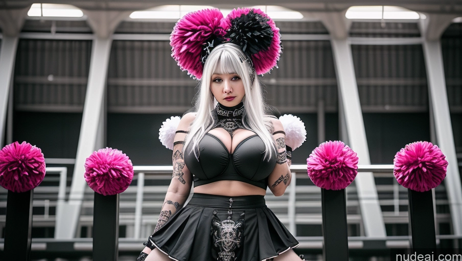 ai nude image of blond woman in a black outfit posing in front of pink pom poms pics of Milf Two Huge Boobs Big Ass Big Hips 18 White Hair Korean Cheerleader Gothic Punk Girl