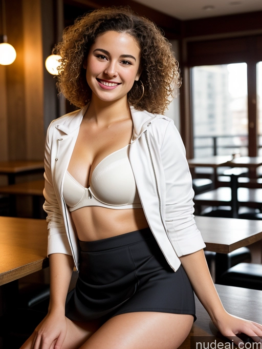 ai nude image of there is a woman sitting on a table in a restaurant pics of Small Tits Thick 18 Happy Curly Hair Front View Dark Lighting Abs Beautiful Fairer Skin Stylish Micro Skirt Bra Short Chubby Restaurant Jacket