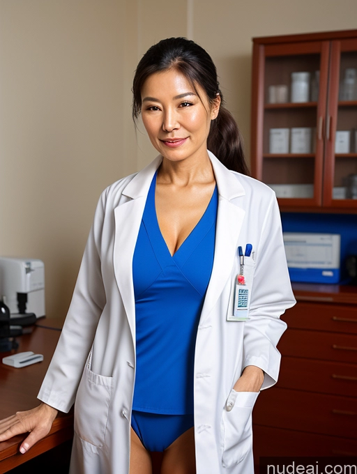 ai nude image of arafed woman in a lab coat standing in front of a desk pics of Perfect Boobs Perfect Body Ponytail Chinese Doctor Lab Coat Cleavage Partially Nude Detailed Sexy Face Two 80s Sorority