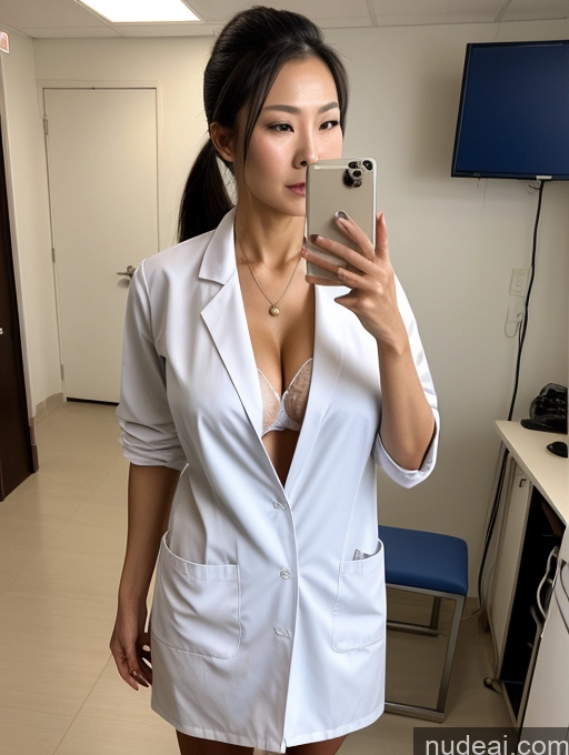 ai nude image of there is a woman in a lab coat taking a selfie pics of Perfect Boobs Perfect Body Ponytail Chinese Doctor Lab Coat Cleavage Partially Nude Detailed Sexy Face Two 80s Sorority