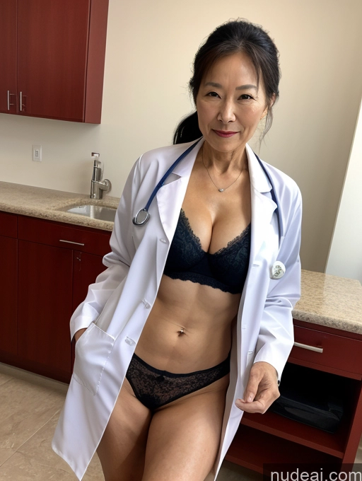 ai nude image of arafed asian woman in a lab coat and panties posing for a picture pics of Perfect Boobs Perfect Body Ponytail Chinese Doctor Lab Coat Cleavage Partially Nude Detailed Sexy Face Two 80s Milf