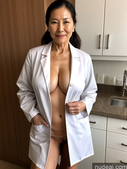 ai nude image of arafed asian woman in a lab coat posing naked in a kitchen pics of Perfect Boobs Perfect Body Ponytail Chinese Doctor Lab Coat Cleavage Partially Nude Detailed Sexy Face Two 80s Milf