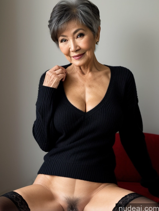 ai nude image of there is a woman in a black sweater posing for a picture pics of Two Sexy Face Pixie Chinese Spreading Legs Perfect Boobs Perfect Body Pubic Hair Sweater Stockings Partially Nude Dark Lighting 80s Detailed Casual Milf