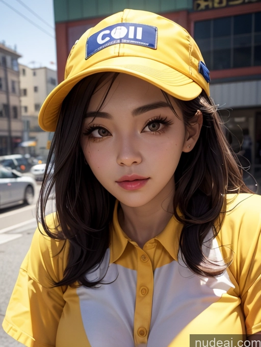 ai nude image of arafed asian woman wearing a yellow hat and yellow shirt pics of Korean Perfect Boobs Construction Worker