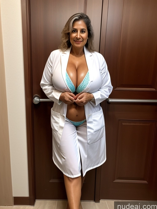 ai nude image of arafed woman in a white robe standing in front of a door pics of Milf One Busty Huge Boobs Tanned Skin 70s Indian Front View Lab Coat Microkini Professor Thong