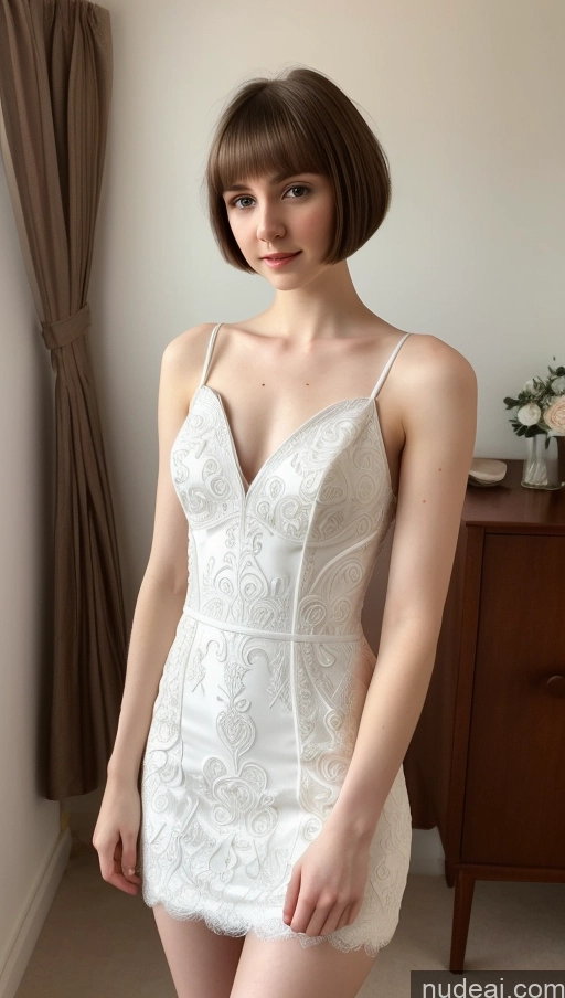 ai nude image of arafed woman in a white dress posing for a picture pics of Small Tits Beautiful Fairer Skin 18 Brunette Short Hair Russian Small Ass Skinny Dress Detailed Wedding