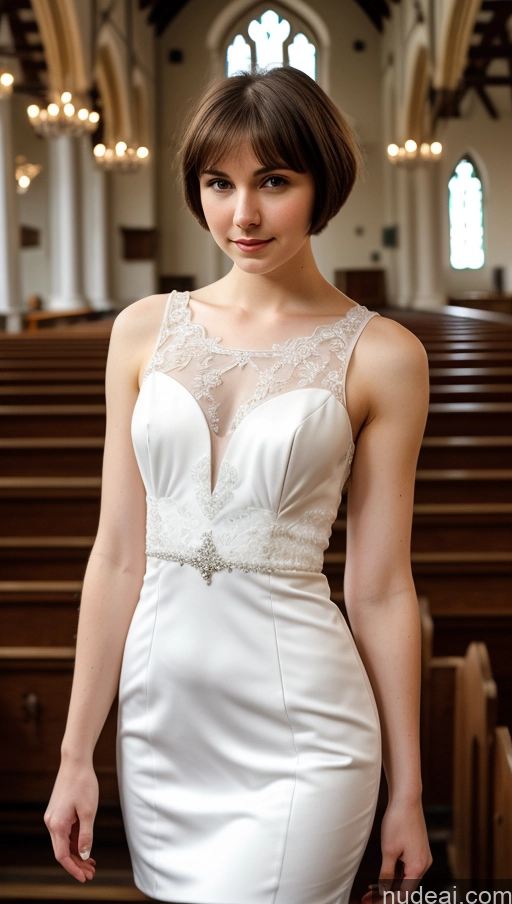 ai nude image of arafed woman in a white dress standing in a church pics of Small Tits Beautiful Fairer Skin 18 Brunette Short Hair Russian Small Ass Skinny Dress Detailed Wedding Church