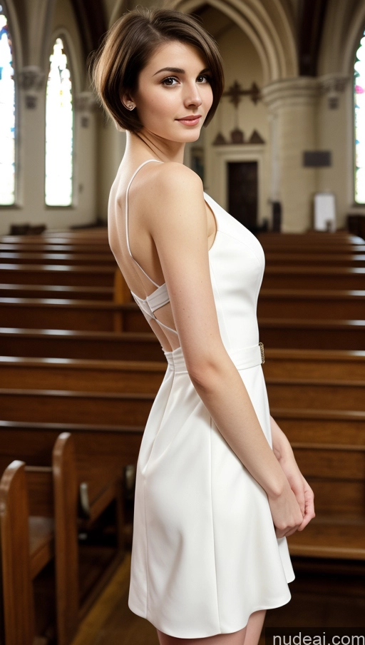 ai nude image of arafed woman in a white dress standing in a church pics of Small Tits Beautiful Fairer Skin 18 Brunette Short Hair Russian Small Ass Skinny Dress Detailed Wedding Church