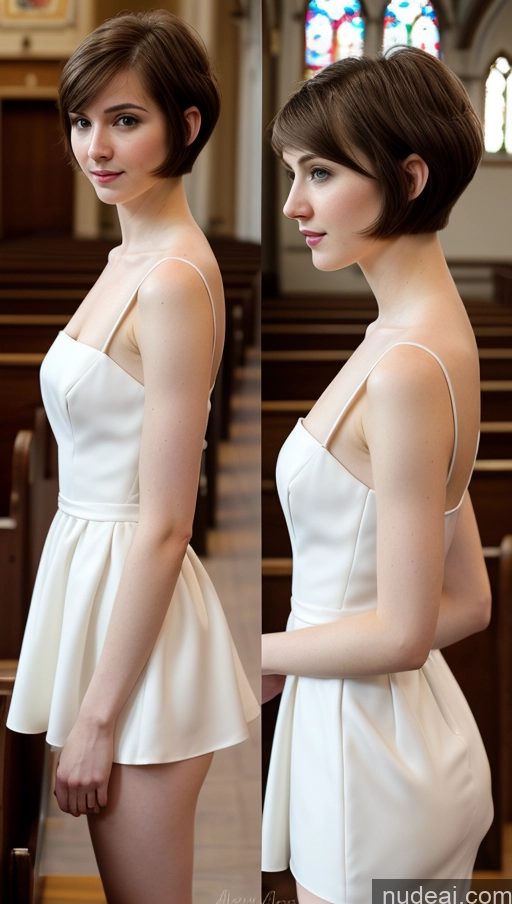 ai nude image of there is a woman in a white dress standing in a church pics of Small Tits Beautiful Fairer Skin 18 Brunette Short Hair Russian Small Ass Skinny Dress Detailed Wedding Church