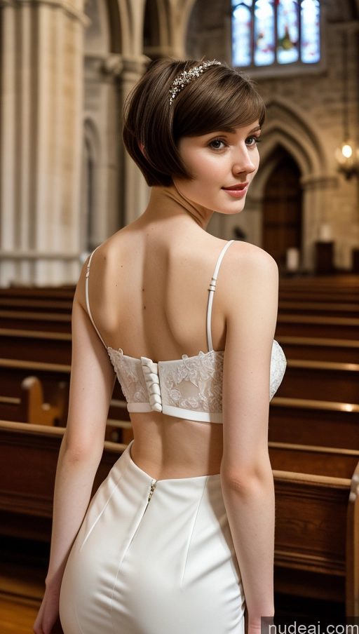 ai nude image of arafed woman in a white dress standing in a church pics of Small Tits Beautiful Fairer Skin 18 Brunette Short Hair Russian Small Ass Skinny Detailed Wedding Church