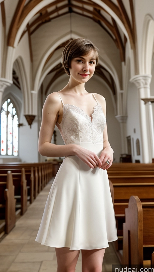 ai nude image of arafed woman in a white dress standing in a church pics of Small Tits Beautiful Fairer Skin 18 Brunette Short Hair Russian Small Ass Skinny Detailed Wedding Church