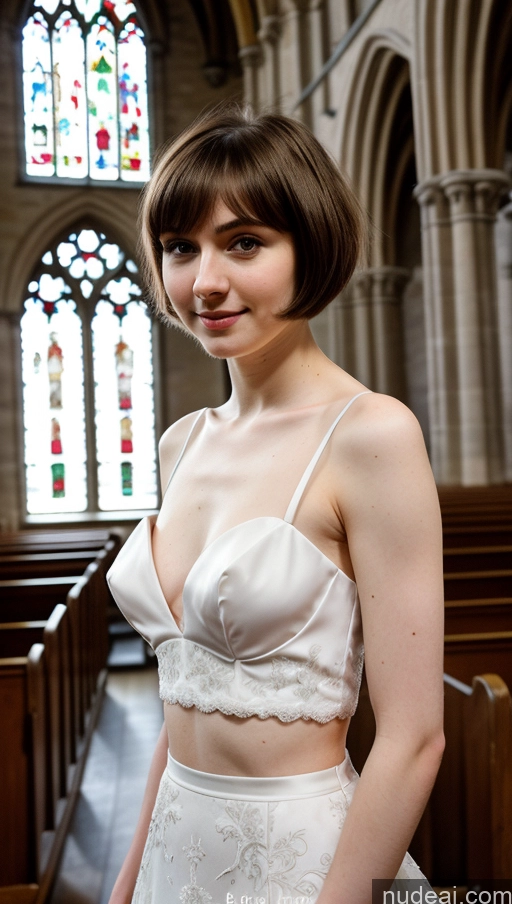 ai nude image of arafed woman in a white dress standing in a church pics of Small Tits Beautiful Fairer Skin 18 Brunette Short Hair Russian Small Ass Skinny Detailed Wedding Church