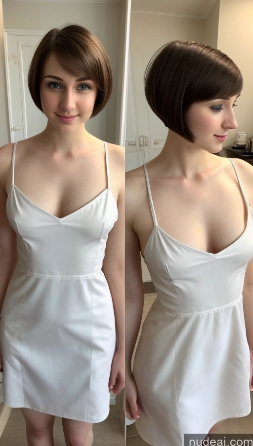 ai nude image of arafed woman in a white dress posing for a picture pics of Small Tits Beautiful Fairer Skin 18 Brunette Short Hair Russian Small Ass Skinny Detailed Maid Dress