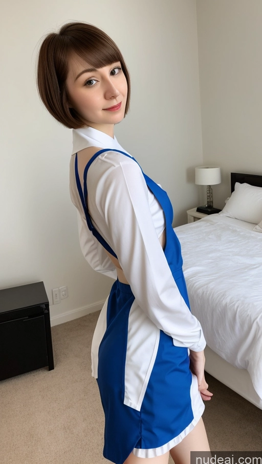 ai nude image of arafed woman in a blue and white dress posing in a bedroom pics of Small Tits Beautiful Fairer Skin 18 Brunette Short Hair Russian Small Ass Skinny Detailed Maid Bedroom Cosplay